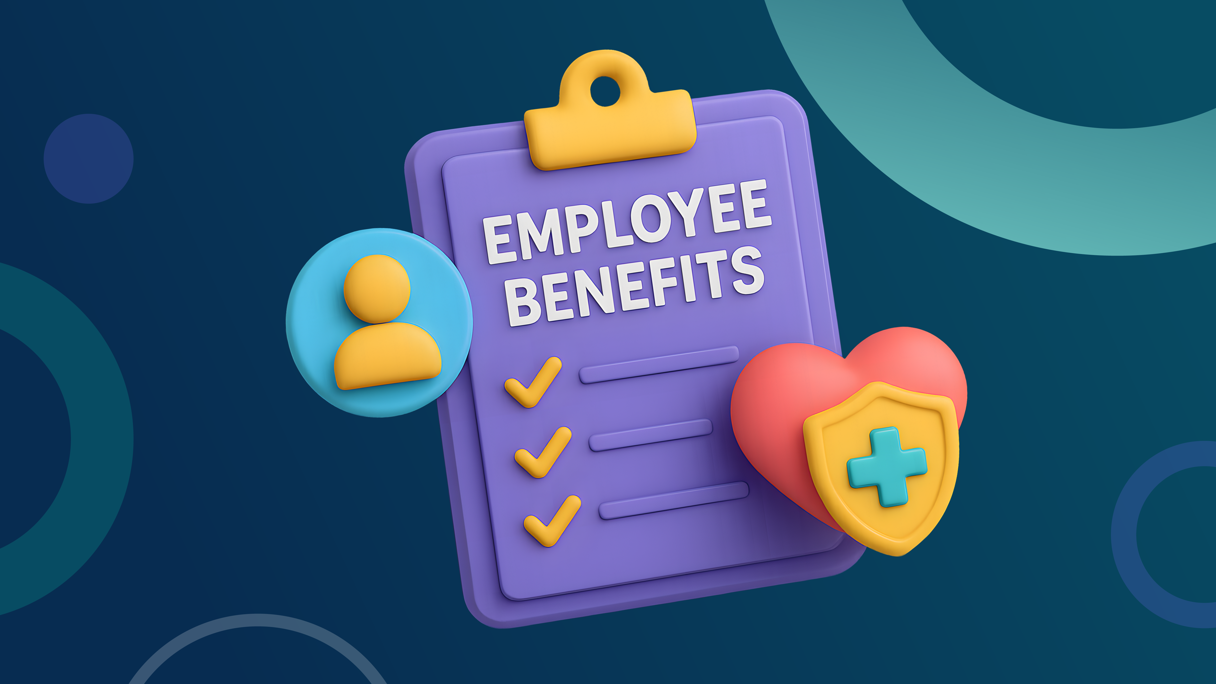 3D illustration of a clipboard with "Employee Benefits" text, a user icon, checkmarks, and a heart with a medical cross