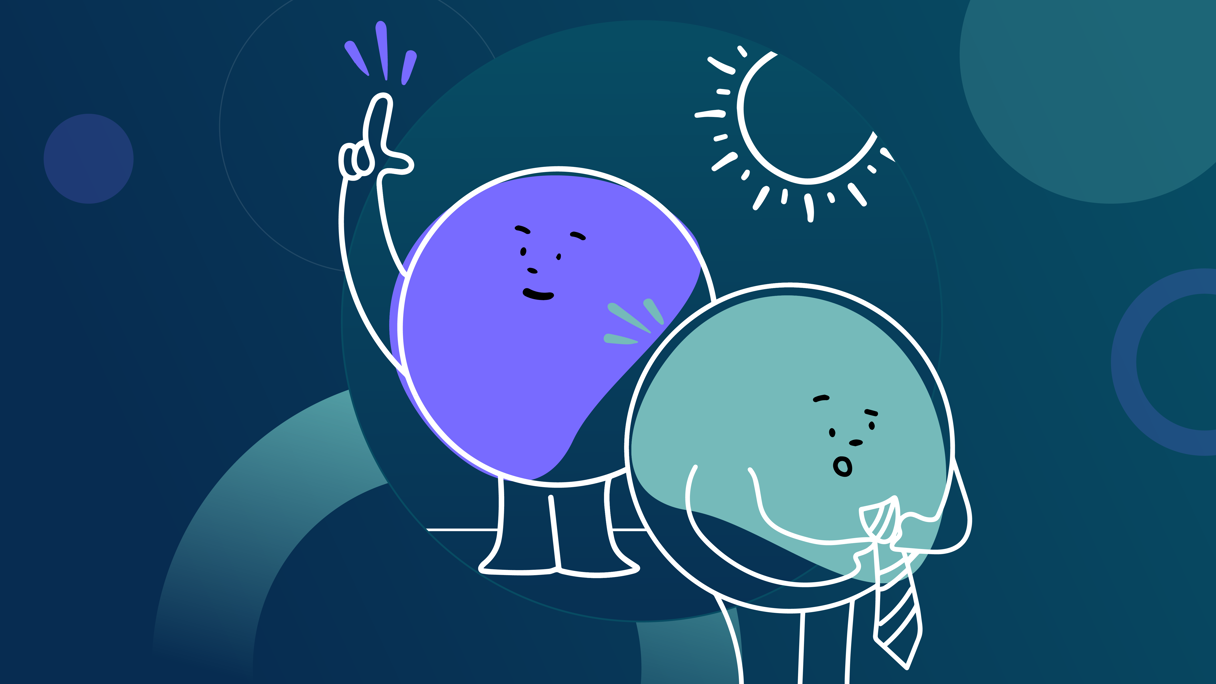 Two cartoonish round characters, one purple and one teal, with a sun and moon in the background