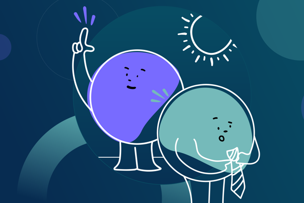 Two cartoonish round characters, one purple and one teal, with a sun and moon in the background
