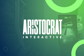 Logo of Aristocrat Interactive with a CardPAY kiosk in the background