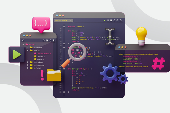 A digital illustration of a coding environment featuring code snippets, a magnifying glass, and various icons related to programming